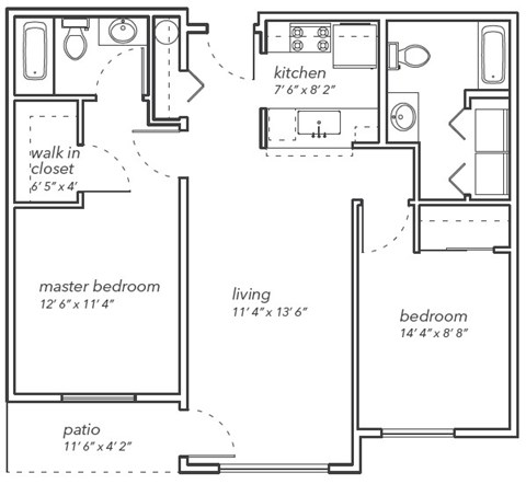 A floor plan of a house with a kitchen, living room, bedrooms, and a patio.